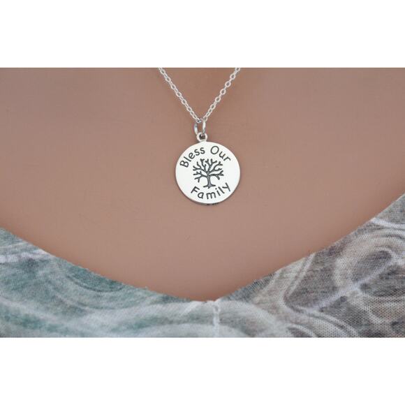 Sterling Silver Message Pendant -Bless Our Family Necklace - Picture 2 of 4